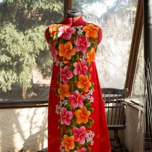 Red Late 60's Hawaiian Maxi Dress